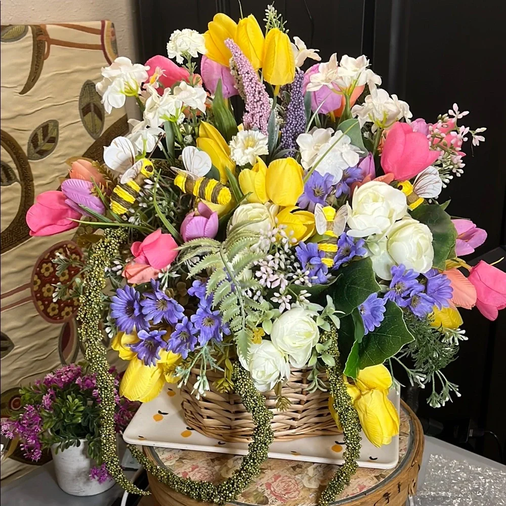Handmade Floral Basket Door Hanger with honeybee accents